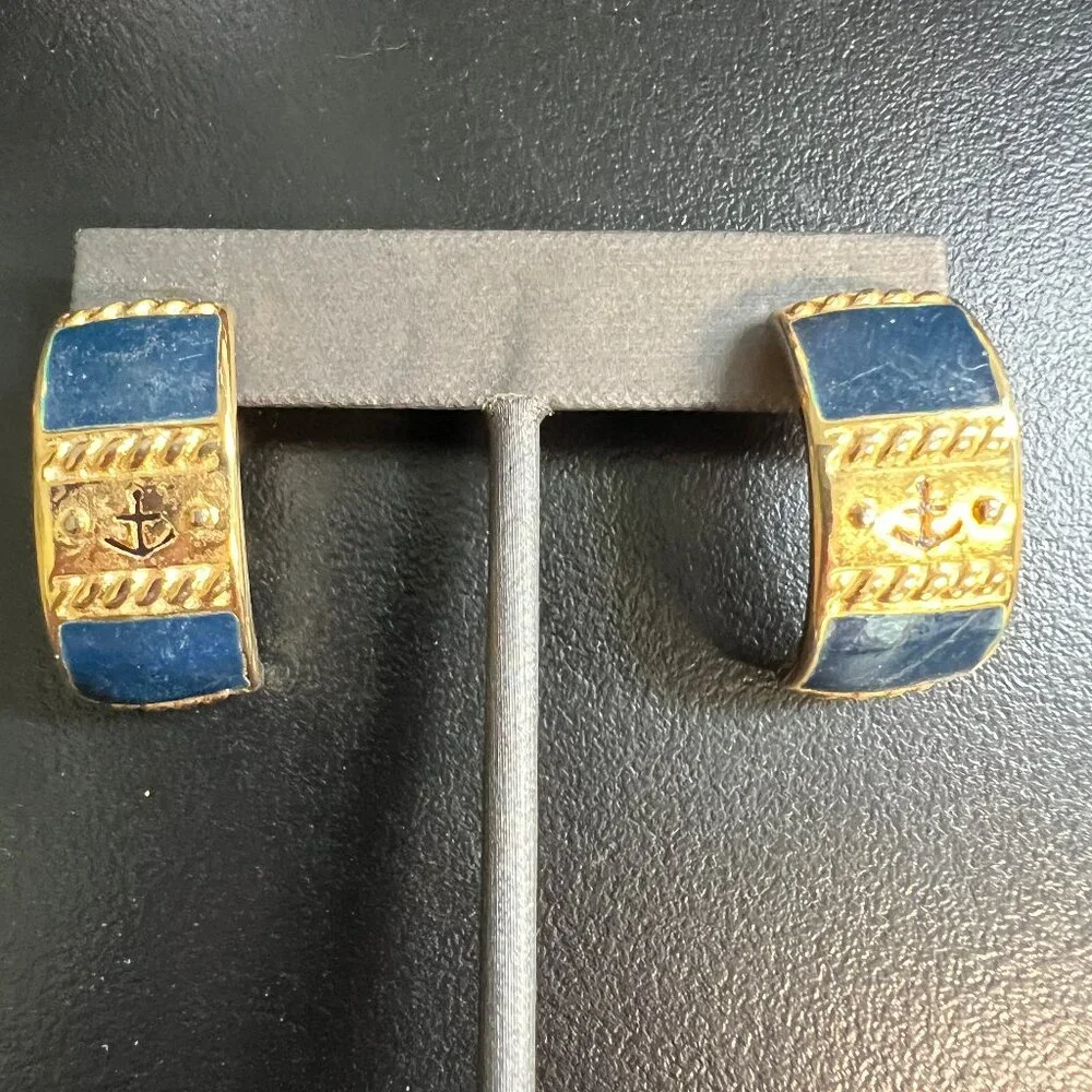 Vintage Nautical Pierced Earrings Anchor Blue Enamel Gold Tone Half Hoops